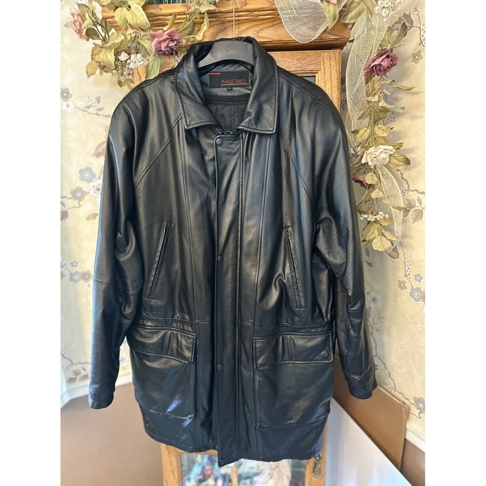 Genuine Leather Black Jacket Vintage Phase Two‎ Lined Men's Size Large